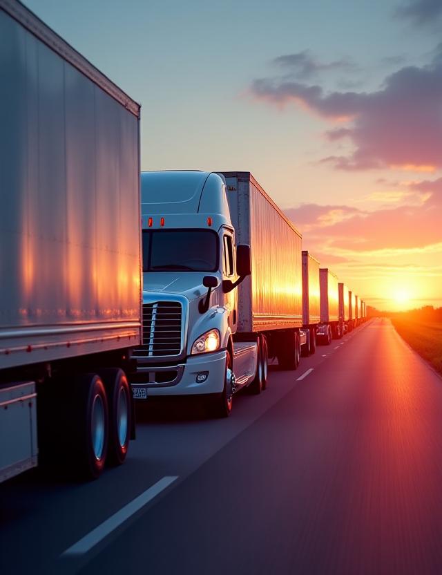 Modern logistics fleet on the move at sunset