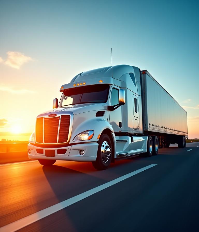 Modern freight truck moving through a sunset backdrop